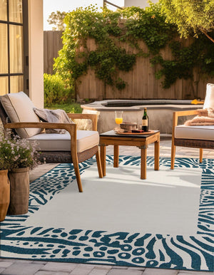 Ivory 7' 10 x 7' 10 Outdoor Safari Square Area Rug Weather Resistant for Patio, Deck, Terrace, Balcony, Porch Animal Print Wildlife Nature Carpet for Sale at Rug Engine