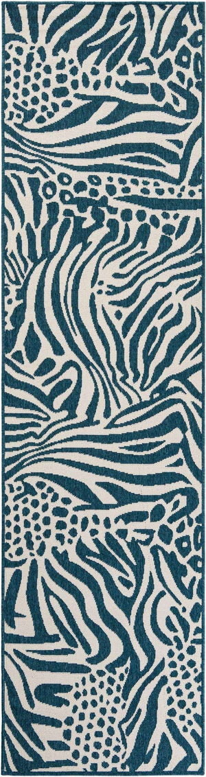 Navy Blue and Ivory 2' 7 x 10' Outdoor Safari Runner Area Rug Weather Resistant for Patio, Deck, Terrace, Balcony, Porch Animal Print Wildlife Nature Carpet for Sale at Rug Engine