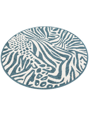 Navy Blue and Ivory 3' 1 x 3' 1 Outdoor Safari Round Area Rug Weather Resistant for Patio, Deck, Terrace, Balcony, Porch Animal Print Wildlife Nature Carpet for Sale at Rug Engine