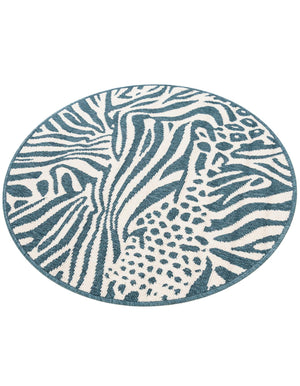 Navy Blue and Ivory 3' 1 x 3' 1 Outdoor Safari Round Area Rug Weather Resistant for Patio, Deck, Terrace, Balcony, Porch Animal Print Wildlife Nature Carpet for Sale at Rug Engine
