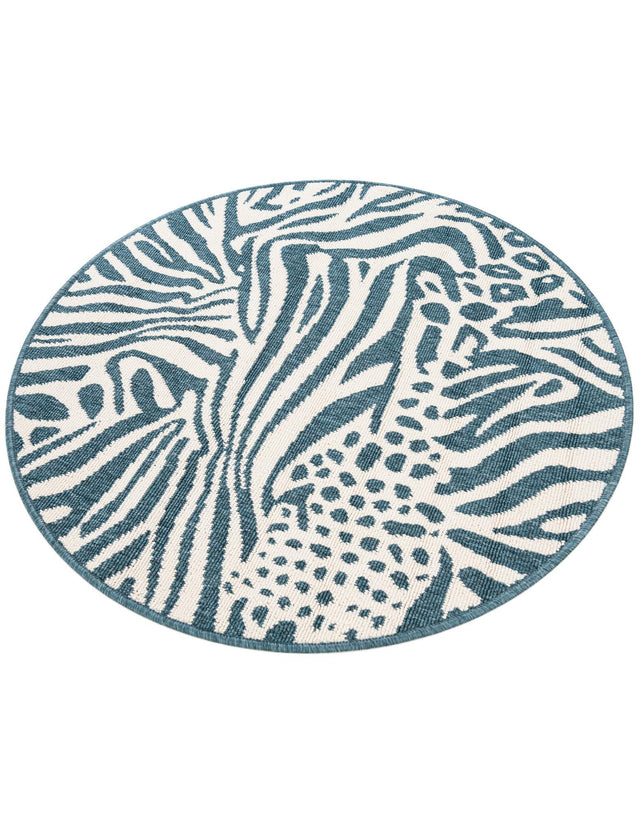 Navy Blue and Ivory 3' 1 x 3' 1 Outdoor Safari Round Area Rug Weather Resistant for Patio, Deck, Terrace, Balcony, Porch Animal Print Wildlife Nature Carpet for Sale at Rug Engine