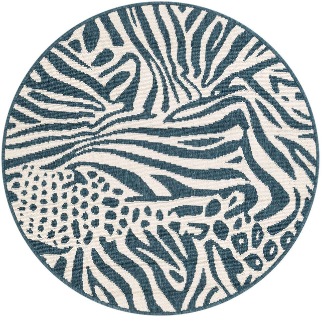 Navy Blue and Ivory 3' 1 x 3' 1 Outdoor Safari Round Area Rug Weather Resistant for Patio, Deck, Terrace, Balcony, Porch Animal Print Wildlife Nature Carpet for Sale at Rug Engine