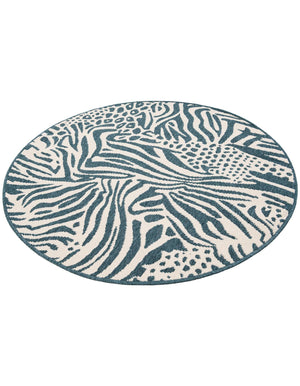 Navy Blue and Ivory 4' 1 x 4' 1 Outdoor Safari Round Area Rug Weather Resistant for Patio, Deck, Terrace, Balcony, Porch Animal Print Wildlife Nature Carpet for Sale at Rug Engine