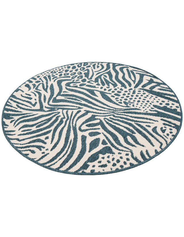 Navy Blue and Ivory 4' 1 x 4' 1 Outdoor Safari Round Area Rug Weather Resistant for Patio, Deck, Terrace, Balcony, Porch Animal Print Wildlife Nature Carpet for Sale at Rug Engine