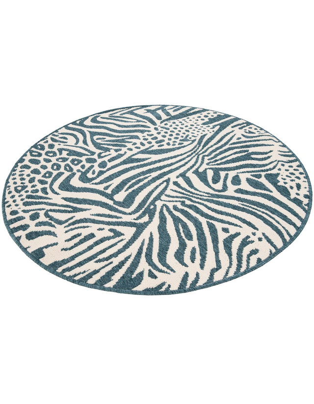 Navy Blue and Ivory 4' 1 x 4' 1 Outdoor Safari Round Area Rug Weather Resistant for Patio, Deck, Terrace, Balcony, Porch Animal Print Wildlife Nature Carpet for Sale at Rug Engine