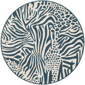 Navy Blue and Ivory 4' 1 x 4' 1 Outdoor Safari Round Area Rug Weather Resistant for Patio, Deck, Terrace, Balcony, Porch Animal Print Wildlife Nature Carpet for Sale at Rug Engine