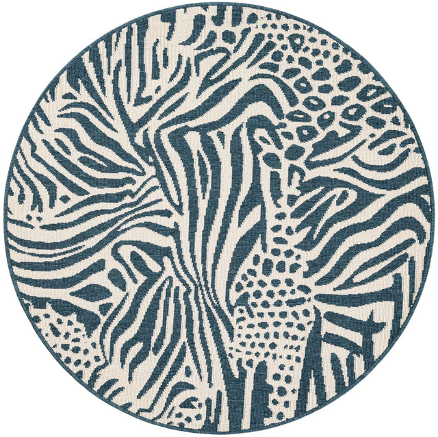 Navy Blue and Ivory 4' 1 x 4' 1 Outdoor Safari Round Area Rug Weather Resistant for Patio, Deck, Terrace, Balcony, Porch Animal Print Wildlife Nature Carpet for Sale at Rug Engine