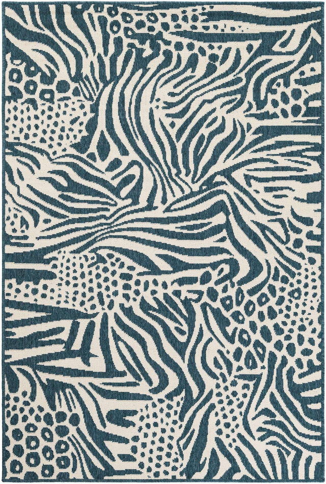 Navy Blue and Ivory 4' 1 x 6' 1 Outdoor Safari Rectangle Area Rug Weather Resistant for Patio, Deck, Terrace, Balcony, Porch Animal Print Wildlife Nature Carpet for Sale at Rug Engine