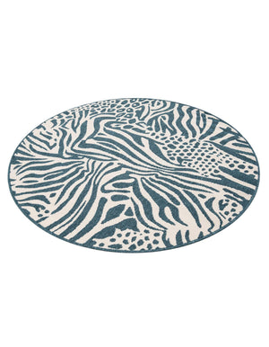 Navy Blue and Ivory 5' 1 x 5' 1 Outdoor Safari Round Area Rug Weather Resistant for Patio, Deck, Terrace, Balcony, Porch Animal Print Wildlife Nature Carpet for Sale at Rug Engine