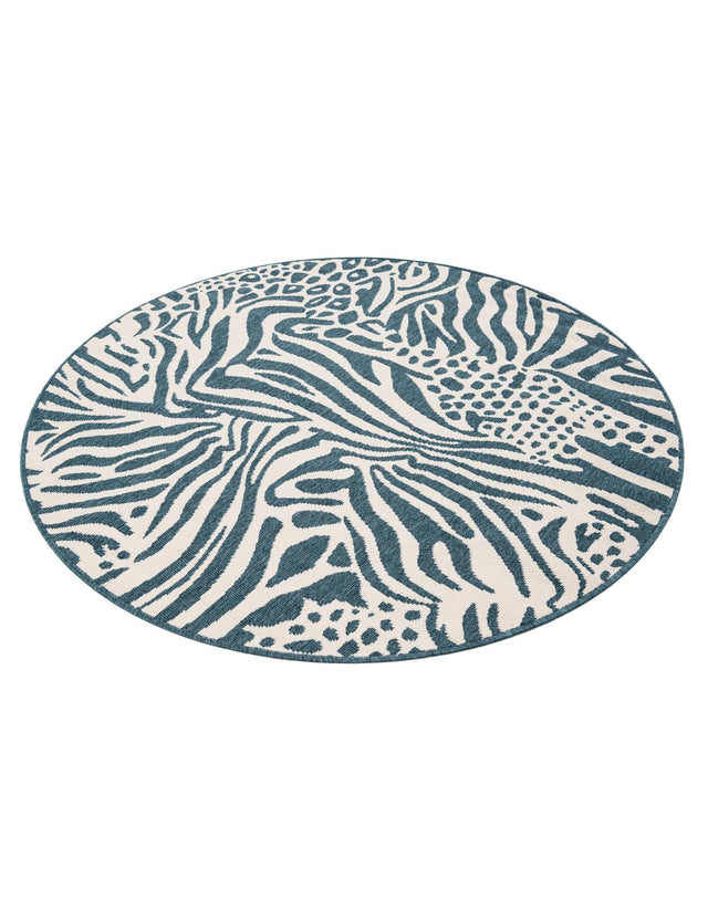 Navy Blue and Ivory 5' 1 x 5' 1 Outdoor Safari Round Area Rug Weather Resistant for Patio, Deck, Terrace, Balcony, Porch Animal Print Wildlife Nature Carpet for Sale at Rug Engine
