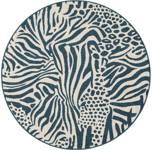 Navy Blue and Ivory 5' 1 x 5' 1 Outdoor Safari Round Area Rug Weather Resistant for Patio, Deck, Terrace, Balcony, Porch Animal Print Wildlife Nature Carpet for Sale at Rug Engine