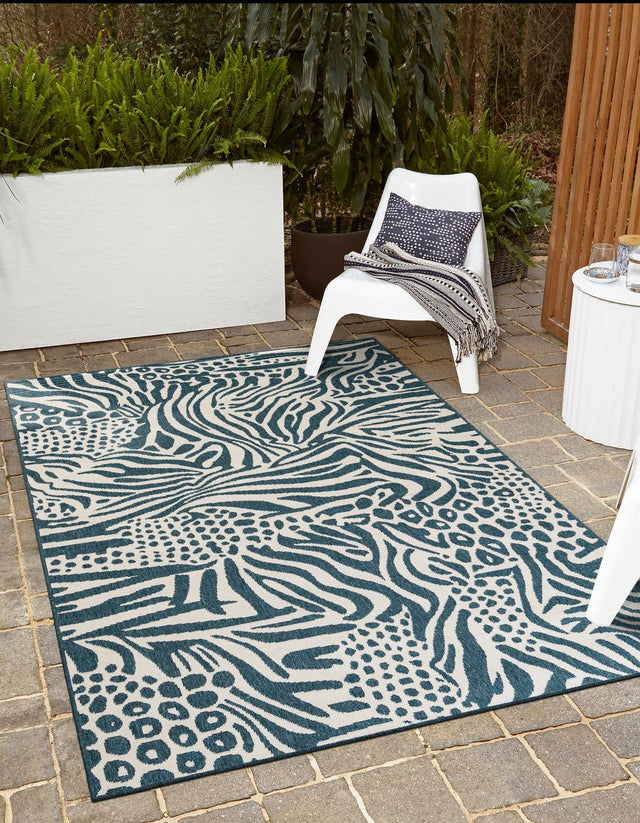 Navy Blue and Ivory 5' 1 x 8' Outdoor Safari Rectangle Area Rug Weather Resistant for Patio, Deck, Terrace, Balcony, Porch Animal Print Wildlife Nature Carpet for Sale at Rug Engine