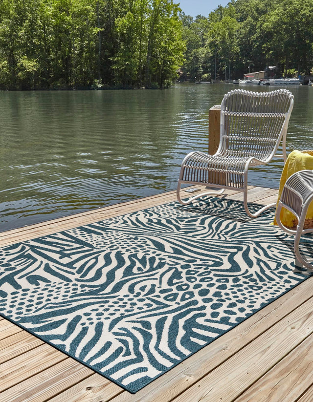 Navy Blue and Ivory 4' 1 x 6' 1 Outdoor Safari Rectangle Area Rug Weather Resistant for Patio, Deck, Terrace, Balcony, Porch Animal Print Wildlife Nature Carpet for Sale at Rug Engine