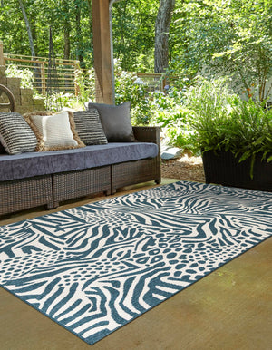 Navy Blue and Ivory 4' 1 x 6' 1 Outdoor Safari Rectangle Area Rug Weather Resistant for Patio, Deck, Terrace, Balcony, Porch Animal Print Wildlife Nature Carpet for Sale at Rug Engine