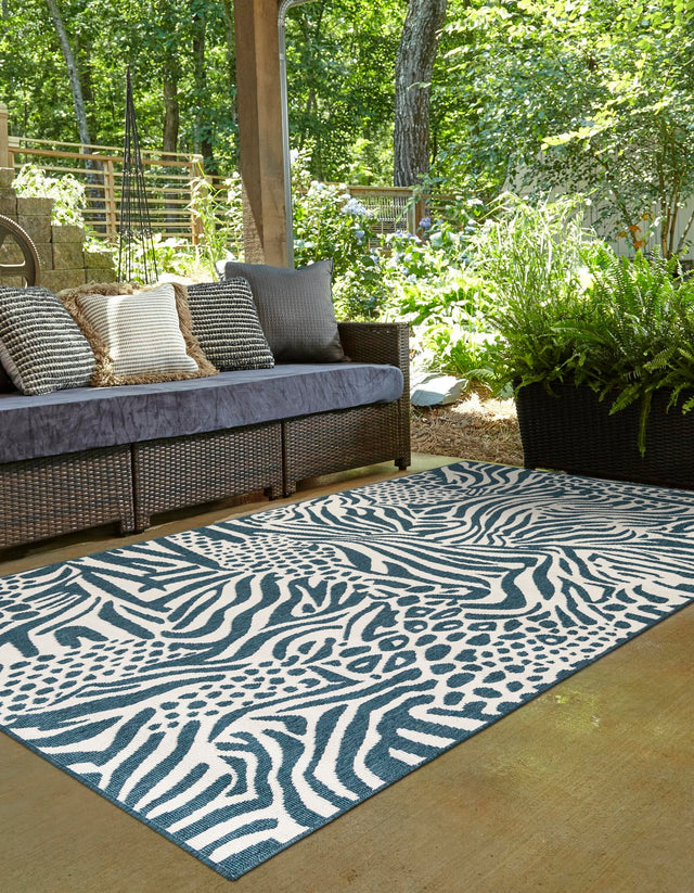Navy Blue and Ivory 2' x 3' 1 Outdoor Safari Rectangle Area Rug Weather Resistant for Patio, Deck, Terrace, Balcony, Porch Animal Print Wildlife Nature Carpet for Sale at Rug Engine