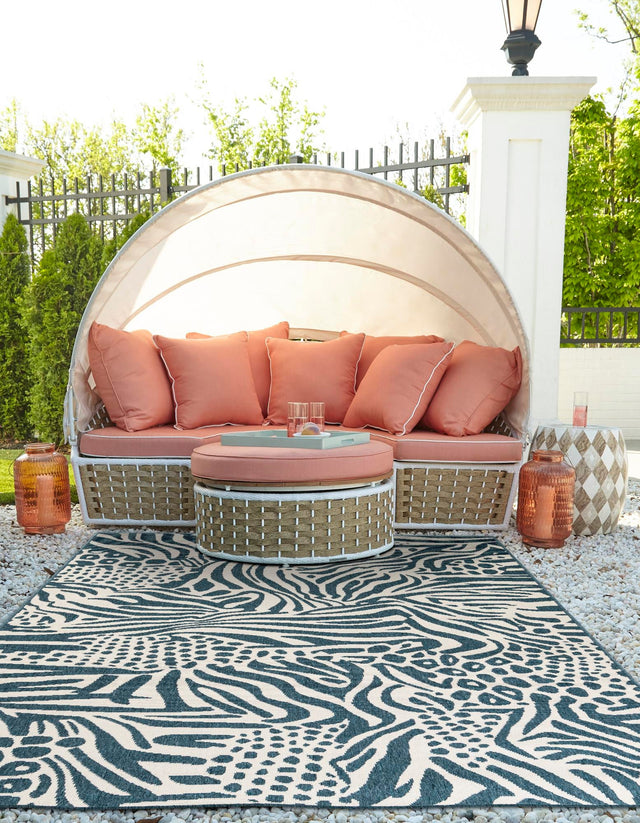 Navy Blue and Ivory 5' 1 x 8' Outdoor Safari Rectangle Area Rug Weather Resistant for Patio, Deck, Terrace, Balcony, Porch Animal Print Wildlife Nature Carpet for Sale at Rug Engine