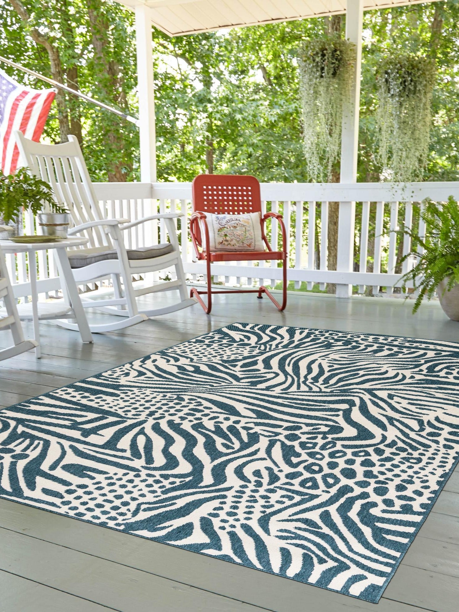 Navy Blue and Ivory 9' x 12' Outdoor Safari Rectangle Area Rug Weather Resistant for Patio, Deck, Terrace, Balcony, Porch Animal Print Wildlife Nature Carpet for Sale at Rug Engine