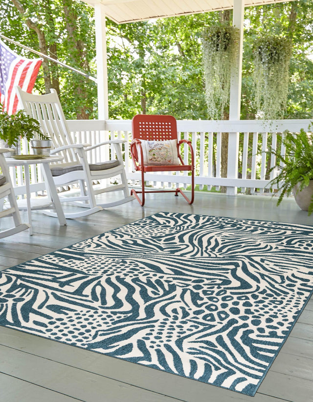 Navy Blue and Ivory 9' x 12' Outdoor Safari Rectangle Area Rug Weather Resistant for Patio, Deck, Terrace, Balcony, Porch Animal Print Wildlife Nature Carpet for Sale at Rug Engine