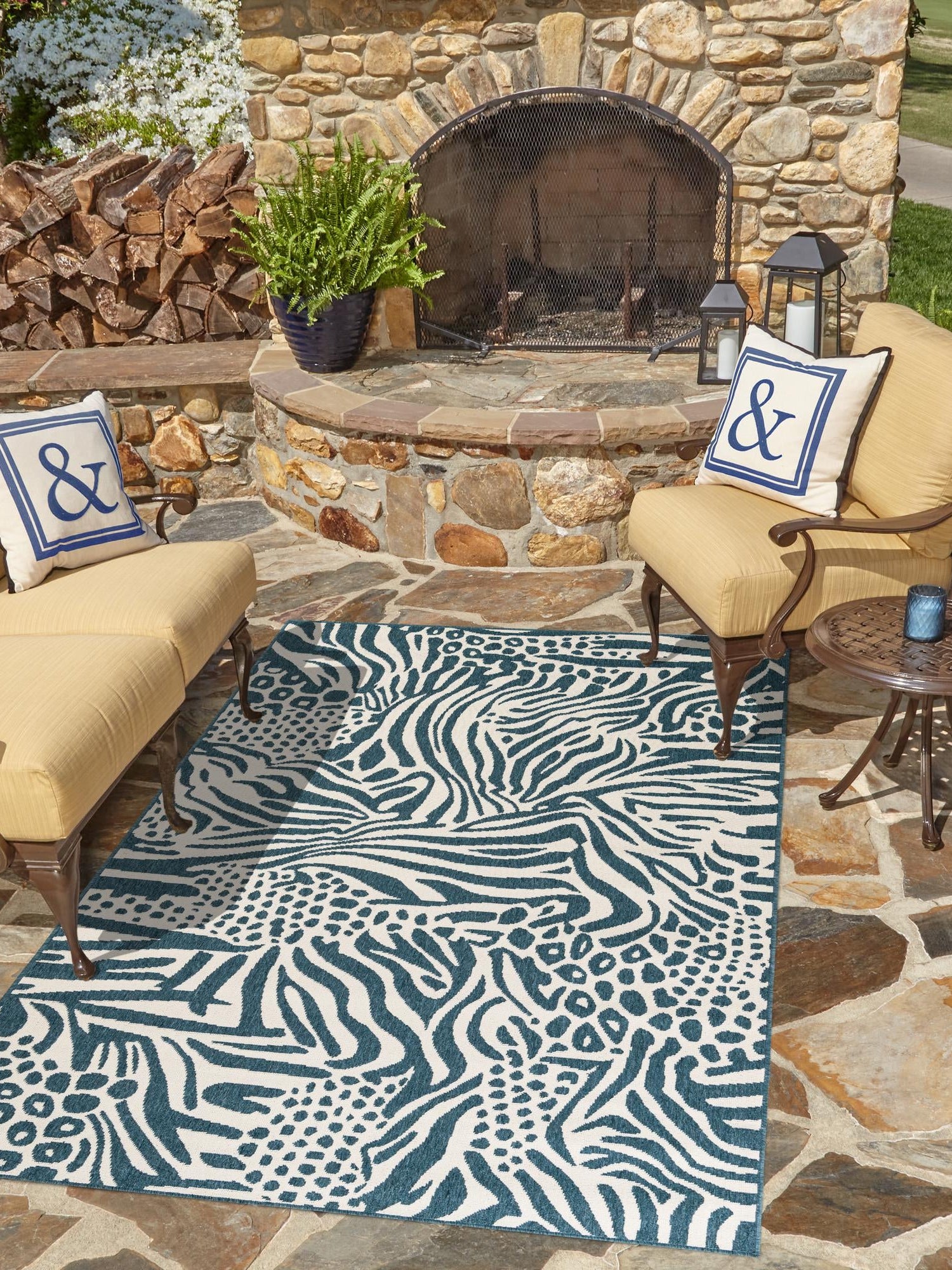 Navy Blue and Ivory 9' x 12' Outdoor Safari Rectangle Area Rug Weather Resistant for Patio, Deck, Terrace, Balcony, Porch Animal Print Wildlife Nature Carpet for Sale at Rug Engine