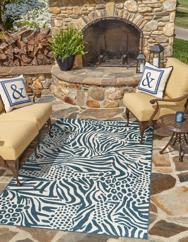 Navy Blue and Ivory 9' x 12' Outdoor Safari Rectangle Area Rug Weather Resistant for Patio, Deck, Terrace, Balcony, Porch Animal Print Wildlife Nature Carpet for Sale at Rug Engine