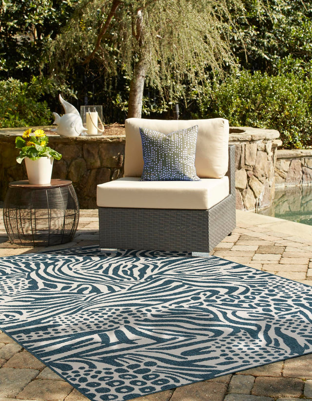 Navy Blue and Ivory 6' 1 x 9' Outdoor Safari Rectangle Area Rug Weather Resistant for Patio, Deck, Terrace, Balcony, Porch Animal Print Wildlife Nature Carpet for Sale at Rug Engine