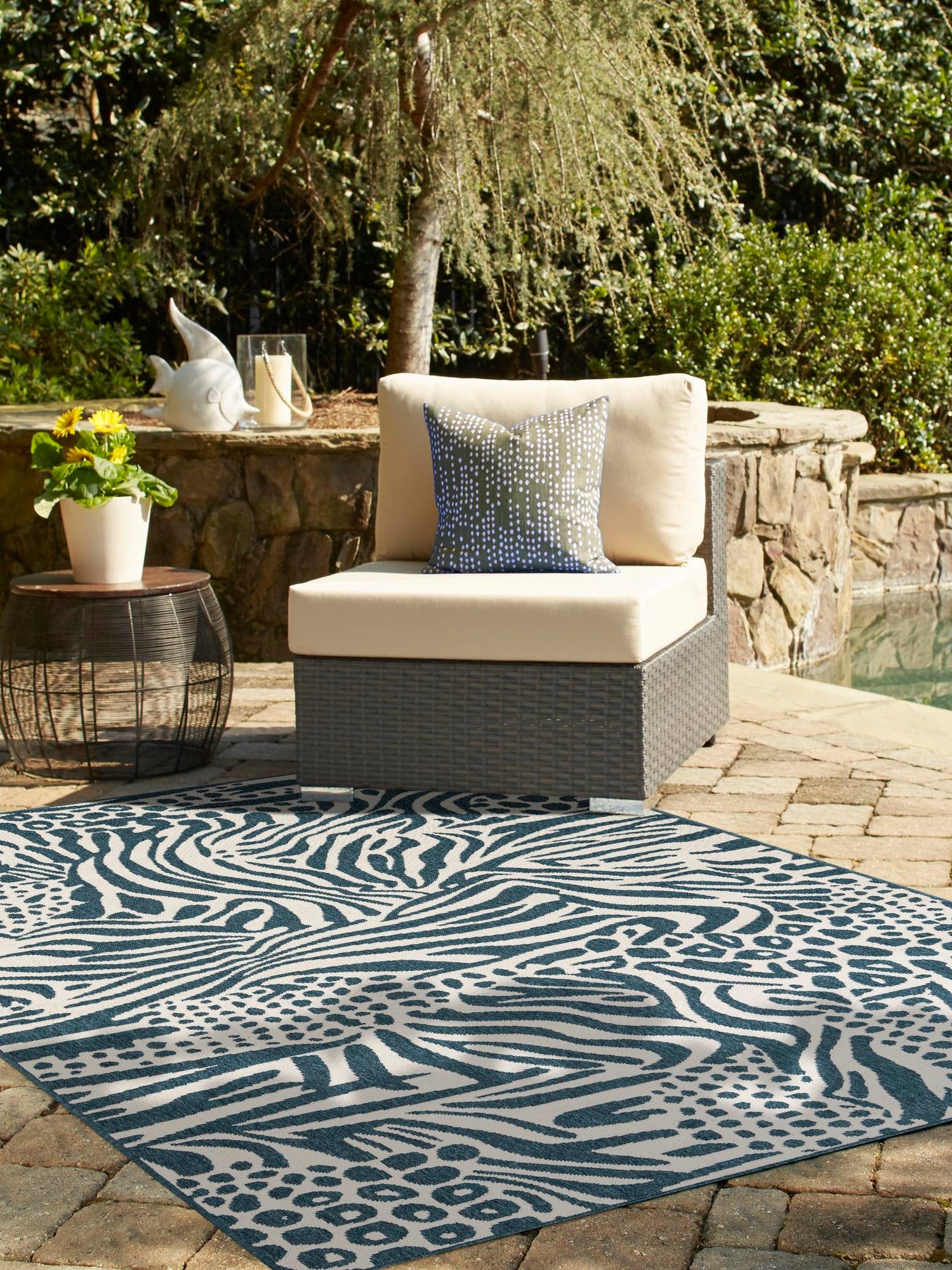 Navy Blue and Ivory 9' x 12' Outdoor Safari Rectangle Area Rug Weather Resistant for Patio, Deck, Terrace, Balcony, Porch Animal Print Wildlife Nature Carpet for Sale at Rug Engine