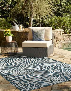 Navy Blue and Ivory 7' 10 x 10' Outdoor Safari Rectangle Area Rug Weather Resistant for Patio, Deck, Terrace, Balcony, Porch Animal Print Wildlife Nature Carpet for Sale at Rug Engine