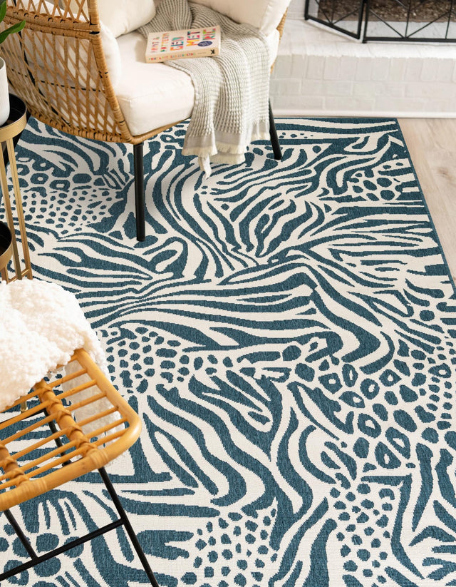 Navy Blue and Ivory 9' x 12' Outdoor Safari Rectangle Area Rug Weather Resistant for Patio, Deck, Terrace, Balcony, Porch Animal Print Wildlife Nature Carpet for Sale at Rug Engine