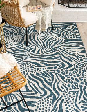 Navy Blue and Ivory 5' 1 x 8' Outdoor Safari Rectangle Area Rug Weather Resistant for Patio, Deck, Terrace, Balcony, Porch Animal Print Wildlife Nature Carpet for Sale at Rug Engine