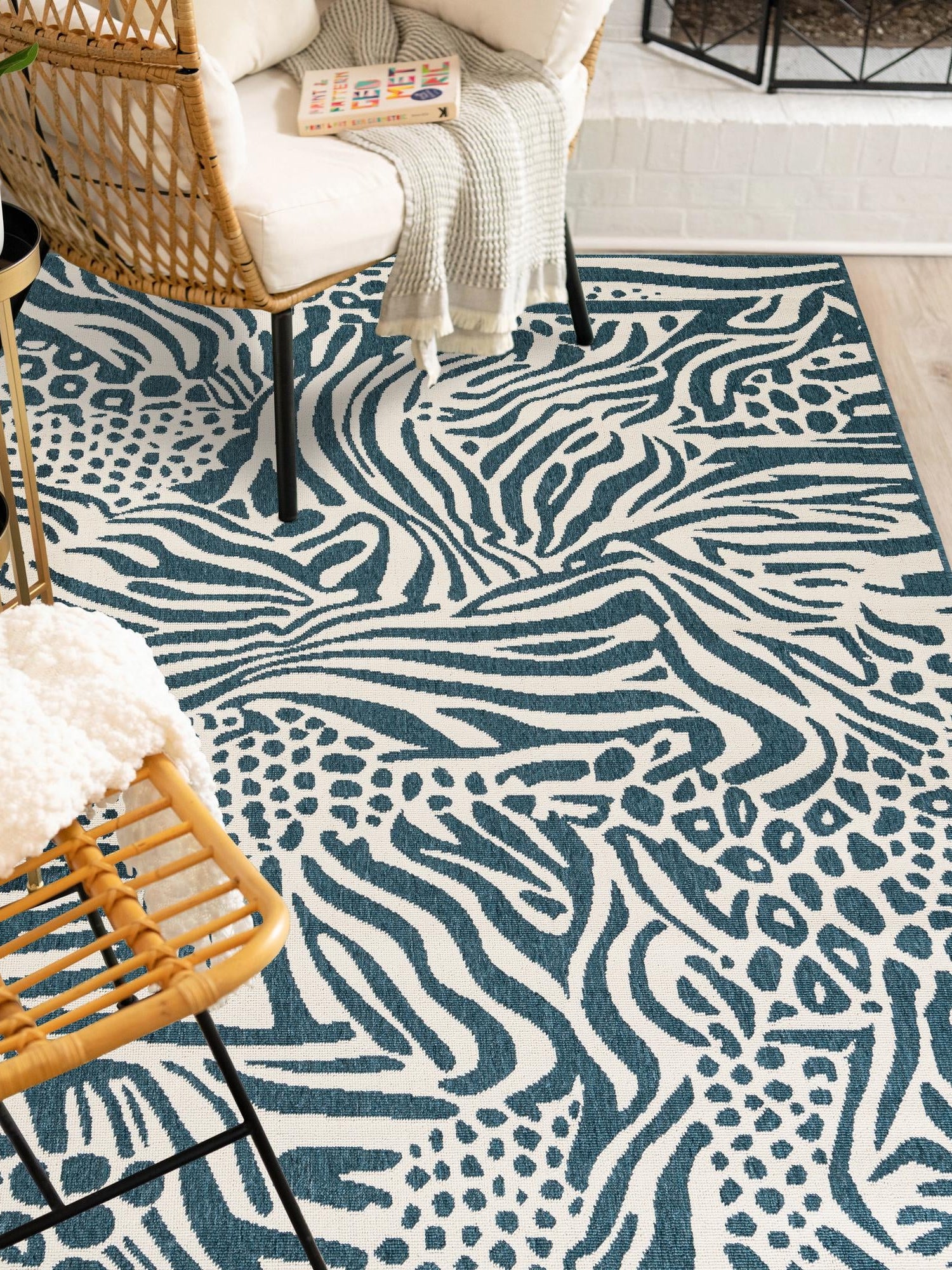 Navy Blue and Ivory 6' 1 x 9' Outdoor Safari Rectangle Area Rug Weather Resistant for Patio, Deck, Terrace, Balcony, Porch Animal Print Wildlife Nature Carpet for Sale at Rug Engine