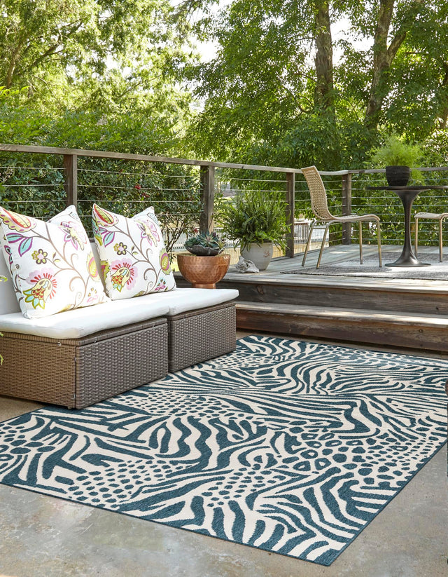 Navy Blue and Ivory 4' 1 x 6' 1 Outdoor Safari Rectangle Area Rug Weather Resistant for Patio, Deck, Terrace, Balcony, Porch Animal Print Wildlife Nature Carpet for Sale at Rug Engine