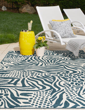 Navy Blue and Ivory 7' 10 x 10' Outdoor Safari Rectangle Area Rug Weather Resistant for Patio, Deck, Terrace, Balcony, Porch Animal Print Wildlife Nature Carpet for Sale at Rug Engine