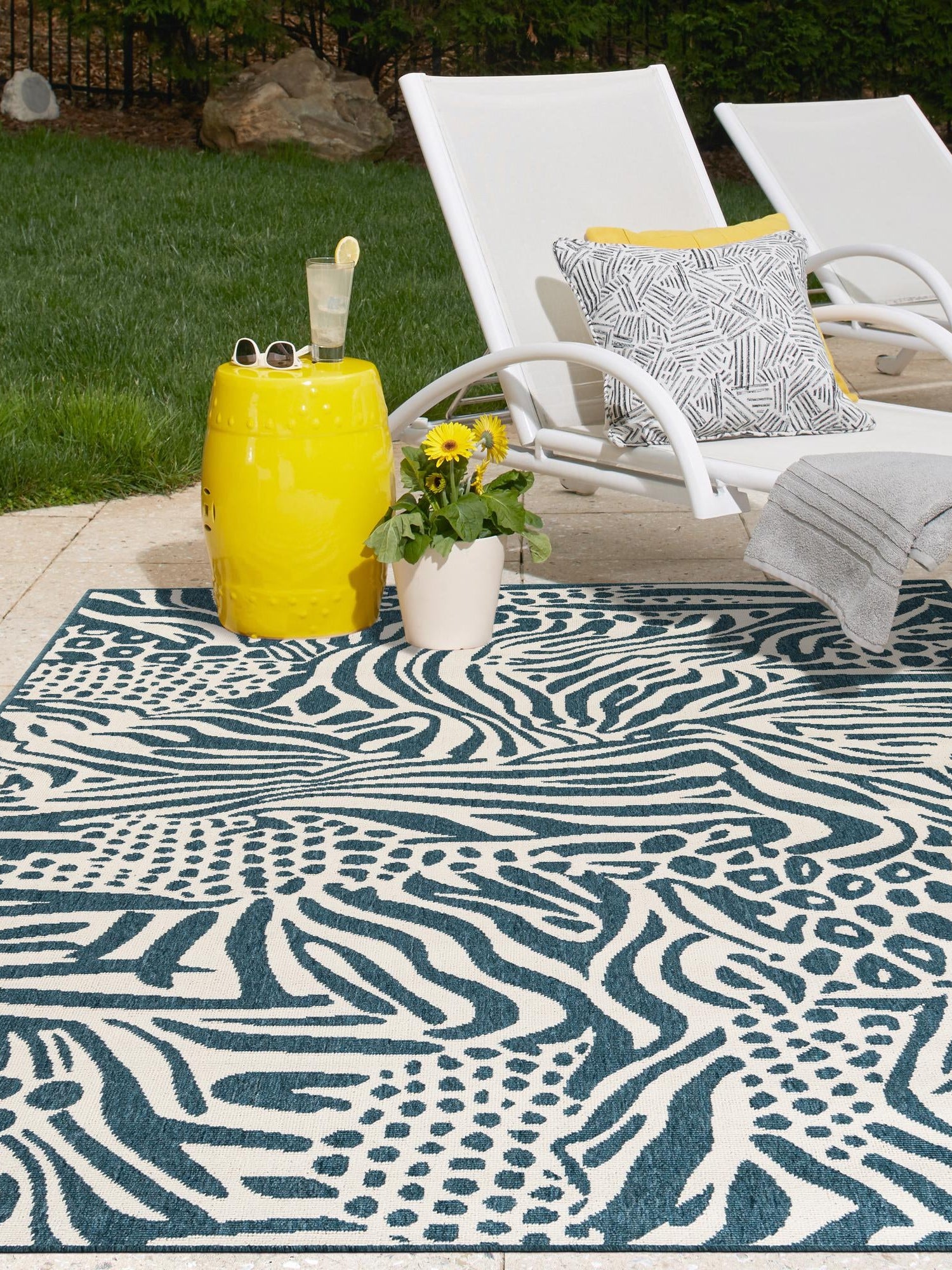 Navy Blue and Ivory 9' x 12' Outdoor Safari Rectangle Area Rug Weather Resistant for Patio, Deck, Terrace, Balcony, Porch Animal Print Wildlife Nature Carpet for Sale at Rug Engine