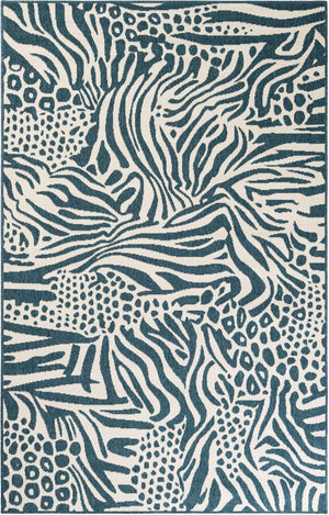 Navy Blue and Ivory 5' 1 x 8' Outdoor Safari Rectangle Area Rug Weather Resistant for Patio, Deck, Terrace, Balcony, Porch Animal Print Wildlife Nature Carpet for Sale at Rug Engine