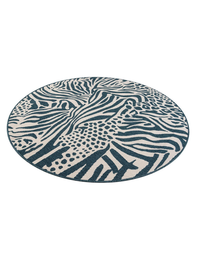 Navy Blue and Ivory 6' 1 x 6' 1 Outdoor Safari Round Area Rug Weather Resistant for Patio, Deck, Terrace, Balcony, Porch Animal Print Wildlife Nature Carpet for Sale at Rug Engine