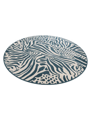 Navy Blue and Ivory 6' 1 x 6' 1 Outdoor Safari Round Area Rug Weather Resistant for Patio, Deck, Terrace, Balcony, Porch Animal Print Wildlife Nature Carpet for Sale at Rug Engine