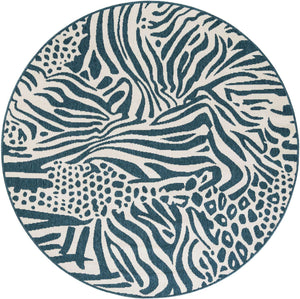 Navy Blue and Ivory 6' 1 x 6' 1 Outdoor Safari Round Area Rug Weather Resistant for Patio, Deck, Terrace, Balcony, Porch Animal Print Wildlife Nature Carpet for Sale at Rug Engine