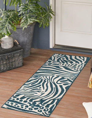 Navy Blue and Ivory 2' 7 x 12' Outdoor Safari Runner Area Rug Weather Resistant for Patio, Deck, Terrace, Balcony, Porch Animal Print Wildlife Nature Carpet for Sale at Rug Engine