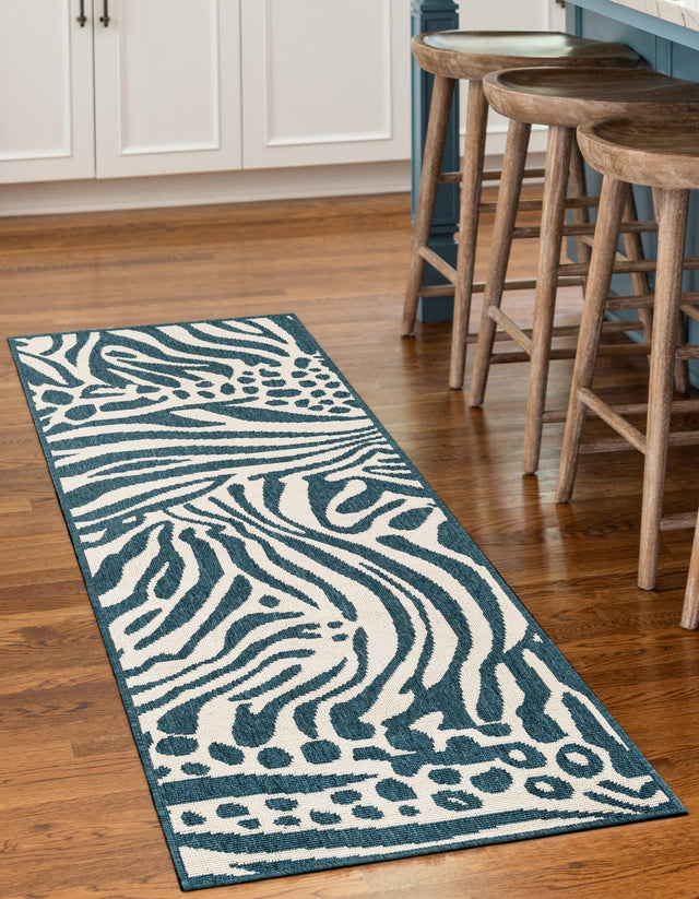 Navy Blue and Ivory 2' x 5' 1 Outdoor Safari Runner Area Rug Weather Resistant for Patio, Deck, Terrace, Balcony, Porch Animal Print Wildlife Nature Carpet for Sale at Rug Engine