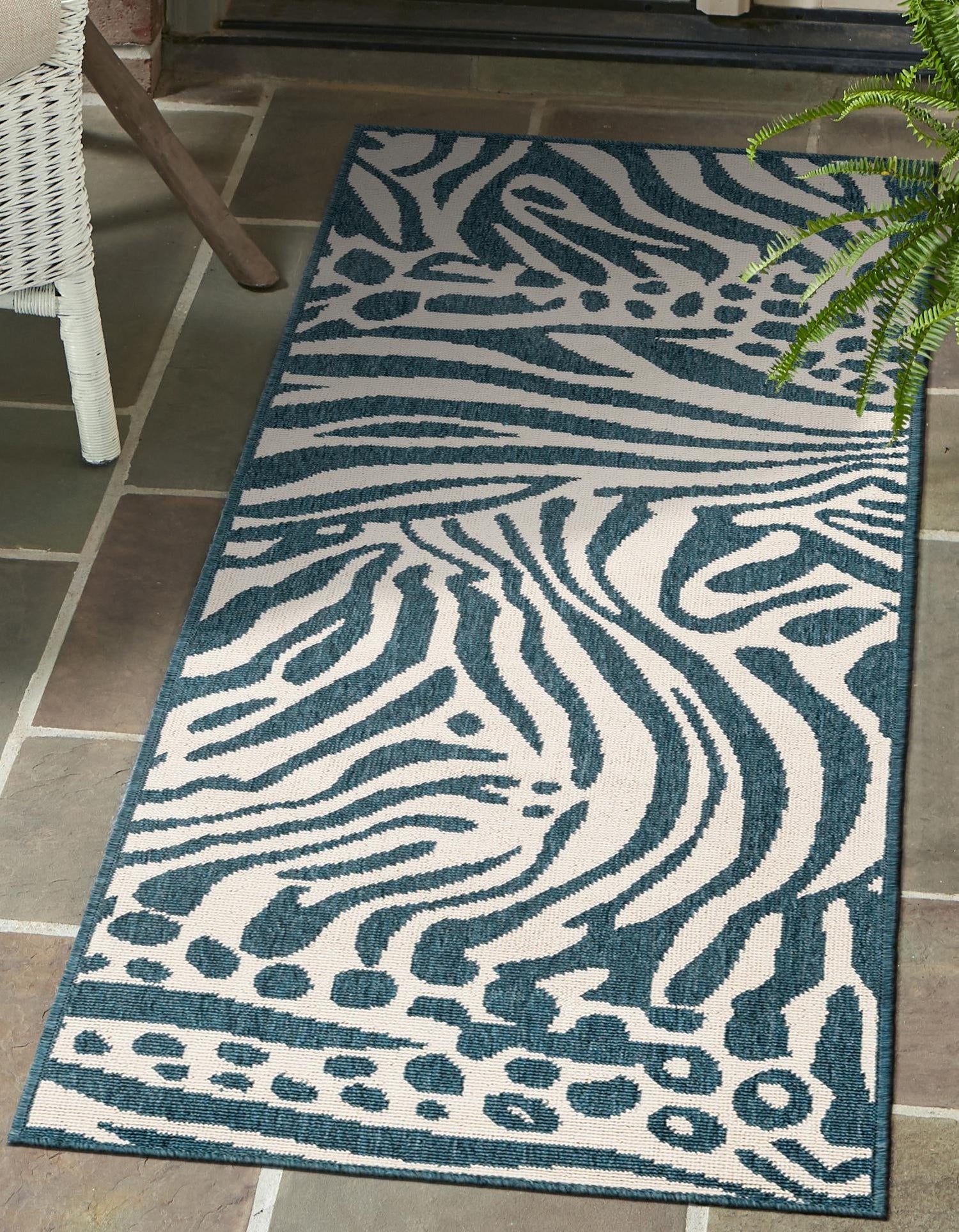 Navy Blue and Ivory 2' 7 x 10' Outdoor Safari Runner Area Rug Weather Resistant for Patio, Deck, Terrace, Balcony, Porch Animal Print Wildlife Nature Carpet for Sale at Rug Engine