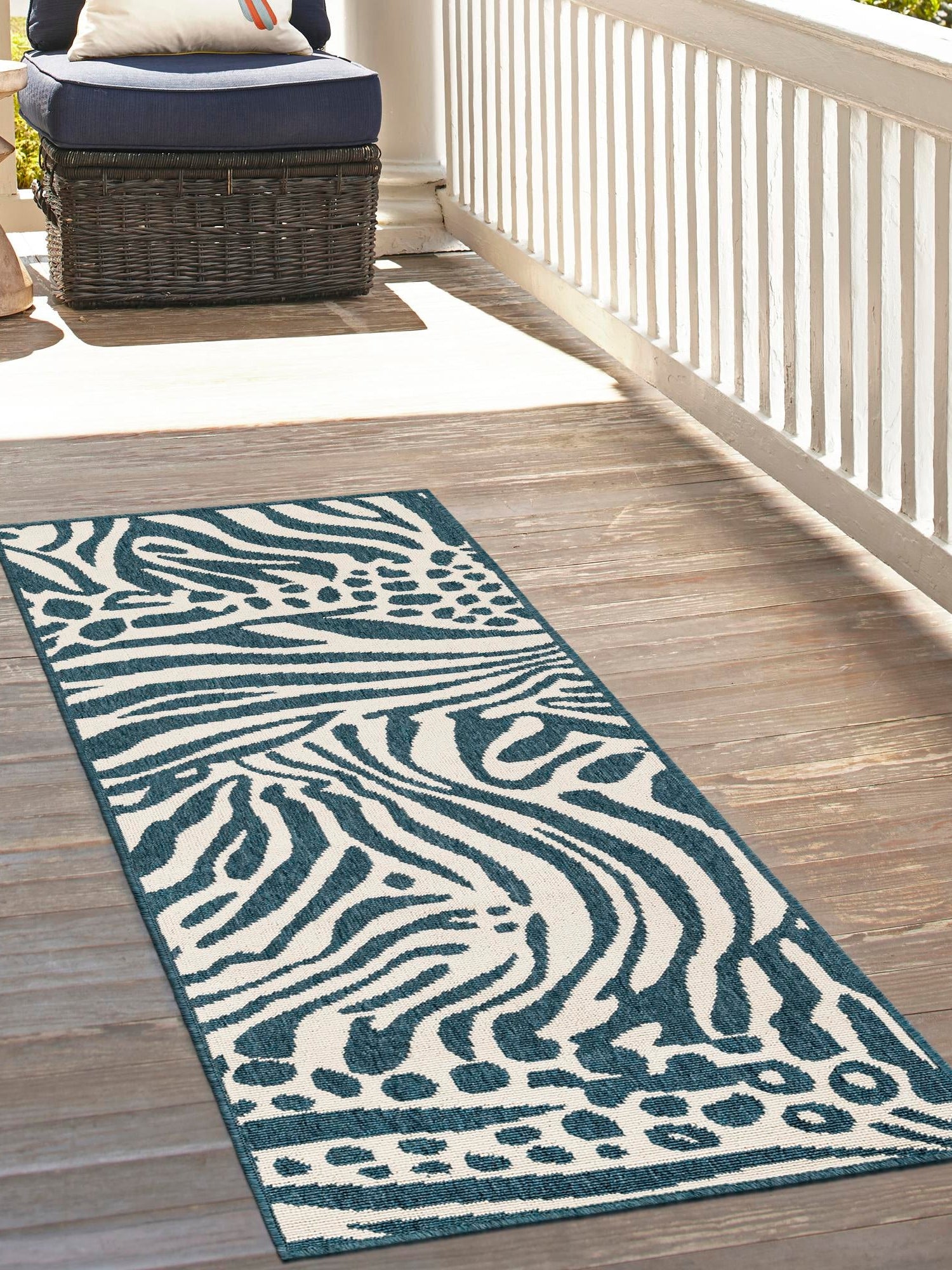 Navy Blue and Ivory 2' 7 x 10' Outdoor Safari Runner Area Rug Weather Resistant for Patio, Deck, Terrace, Balcony, Porch Animal Print Wildlife Nature Carpet for Sale at Rug Engine