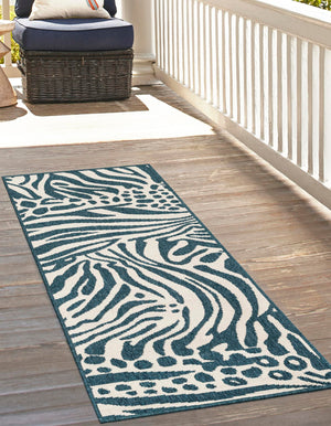 Navy Blue and Ivory 2' x 5' 1 Outdoor Safari Runner Area Rug Weather Resistant for Patio, Deck, Terrace, Balcony, Porch Animal Print Wildlife Nature Carpet for Sale at Rug Engine