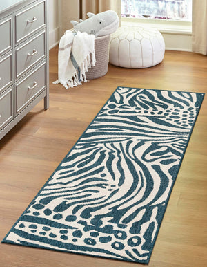 Navy Blue and Ivory 2' 7 x 12' Outdoor Safari Runner Area Rug Weather Resistant for Patio, Deck, Terrace, Balcony, Porch Animal Print Wildlife Nature Carpet for Sale at Rug Engine