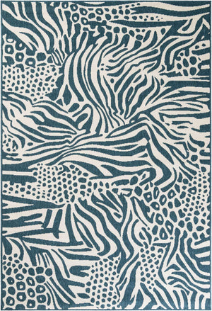 Navy Blue and Ivory 6' 1 x 9' Outdoor Safari Rectangle Area Rug Weather Resistant for Patio, Deck, Terrace, Balcony, Porch Animal Print Wildlife Nature Carpet for Sale at Rug Engine