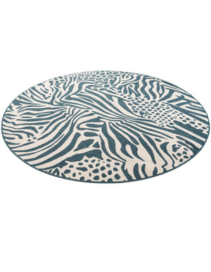 Navy Blue and Ivory 7' 10 x 7' 10 Outdoor Safari Round Area Rug Weather Resistant for Patio, Deck, Terrace, Balcony, Porch Animal Print Wildlife Nature Carpet for Sale at Rug Engine