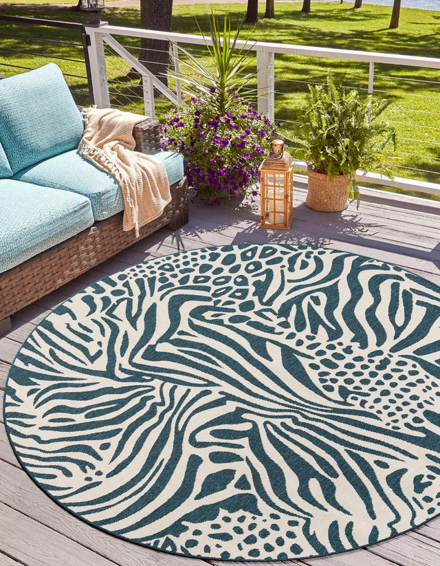 Navy Blue and Ivory 4' 1 x 4' 1 Outdoor Safari Round Area Rug Weather Resistant for Patio, Deck, Terrace, Balcony, Porch Animal Print Wildlife Nature Carpet for Sale at Rug Engine
