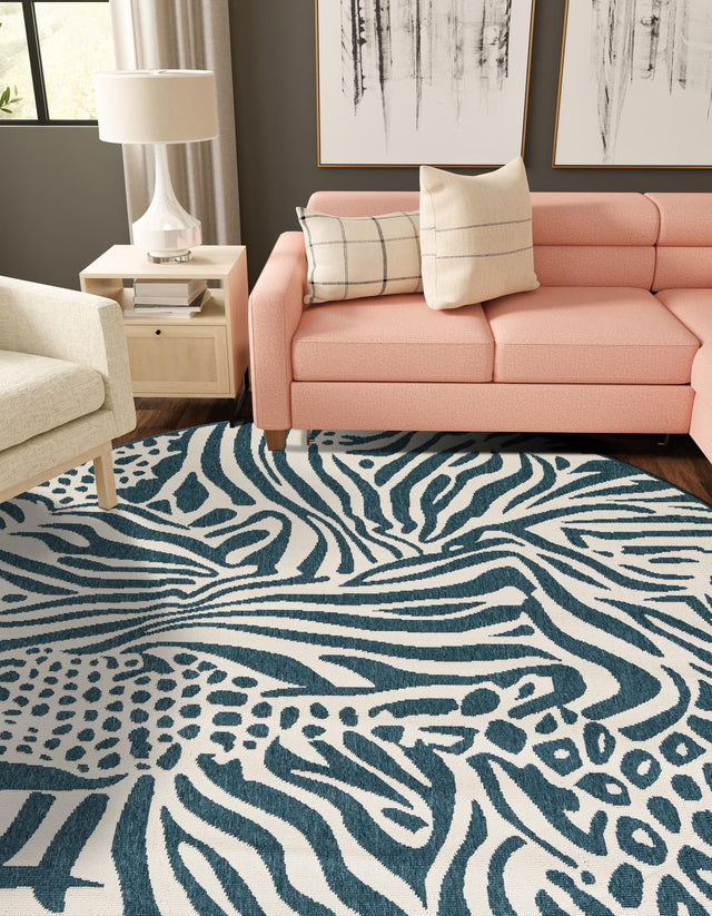 Navy Blue and Ivory 4' 1 x 4' 1 Outdoor Safari Round Area Rug Weather Resistant for Patio, Deck, Terrace, Balcony, Porch Animal Print Wildlife Nature Carpet for Sale at Rug Engine