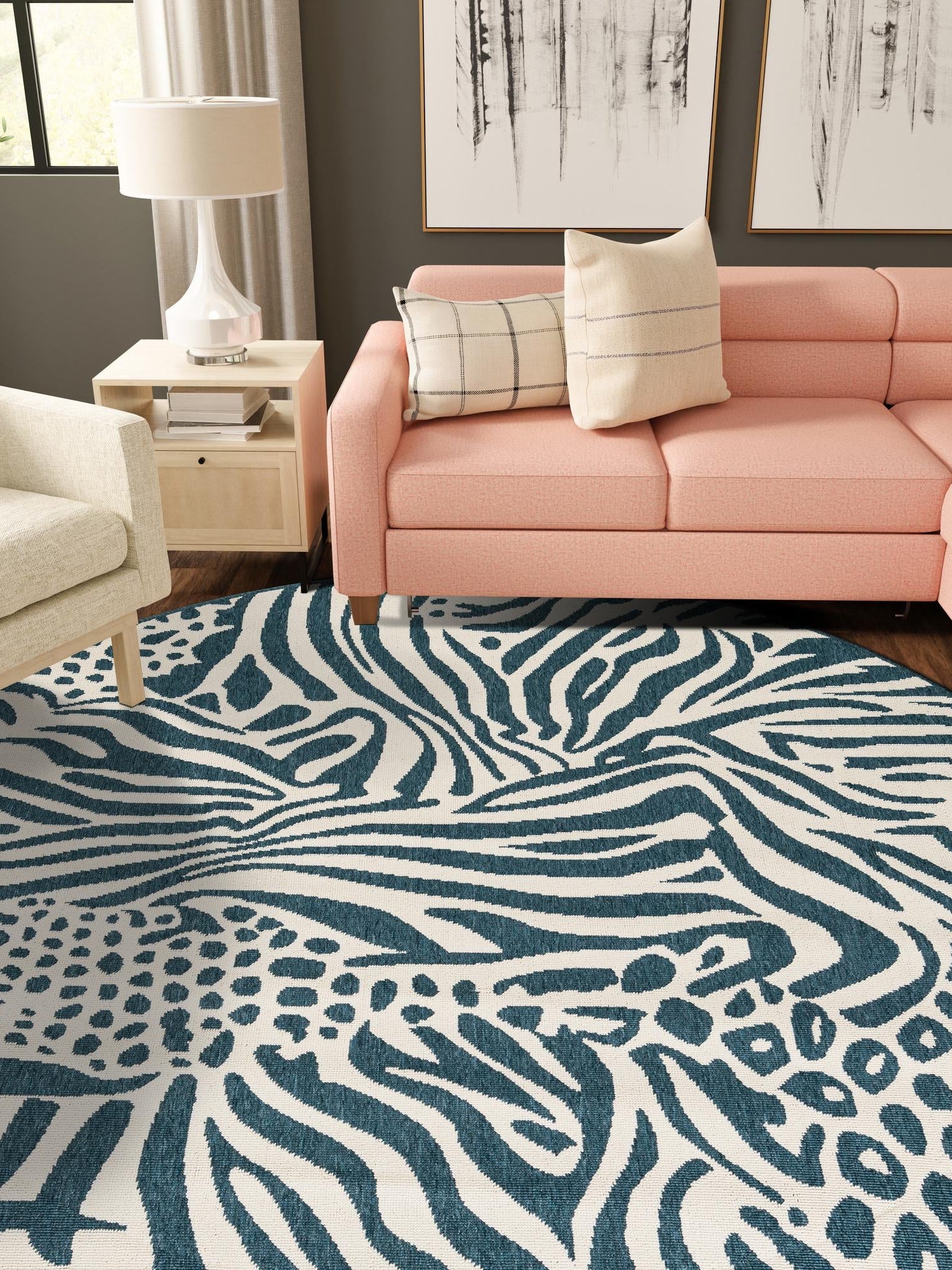 Navy Blue and Ivory 6' 1 x 6' 1 Outdoor Safari Round Area Rug Weather Resistant for Patio, Deck, Terrace, Balcony, Porch Animal Print Wildlife Nature Carpet for Sale at Rug Engine