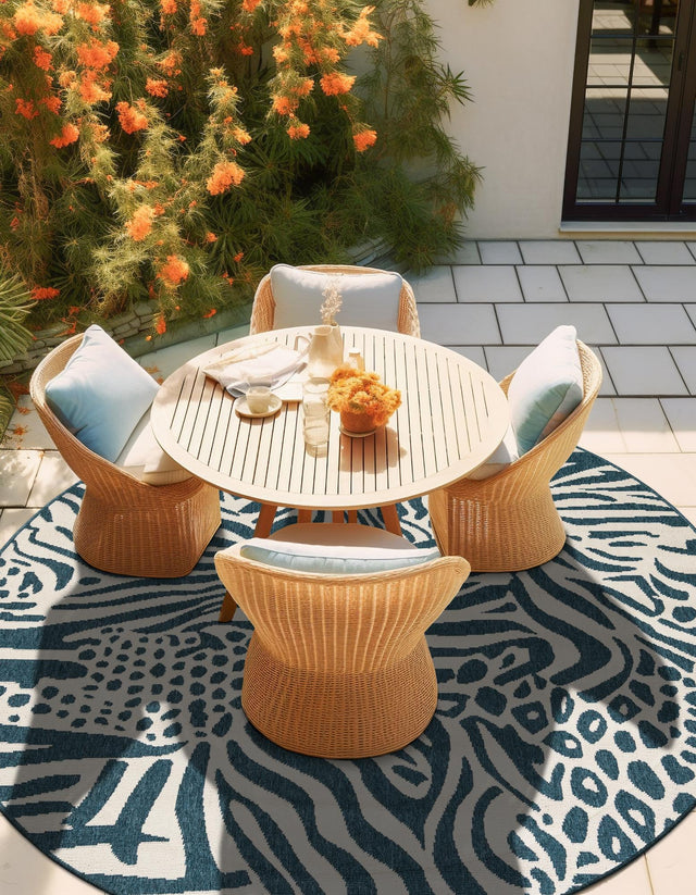 Navy Blue and Ivory 7' 10 x 7' 10 Outdoor Safari Round Area Rug Weather Resistant for Patio, Deck, Terrace, Balcony, Porch Animal Print Wildlife Nature Carpet for Sale at Rug Engine