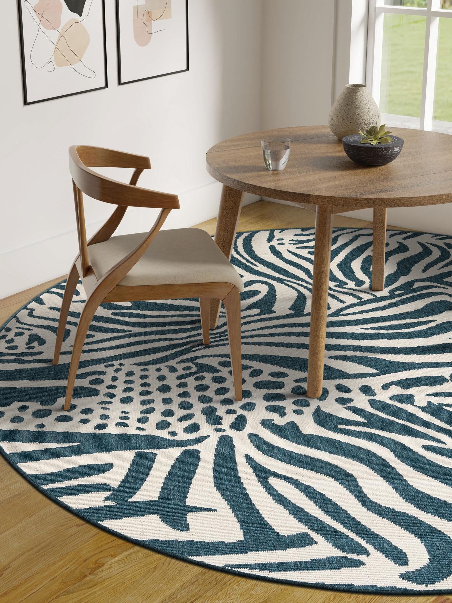 Navy Blue and Ivory 5' 1 x 5' 1 Outdoor Safari Round Area Rug Weather Resistant for Patio, Deck, Terrace, Balcony, Porch Animal Print Wildlife Nature Carpet for Sale at Rug Engine